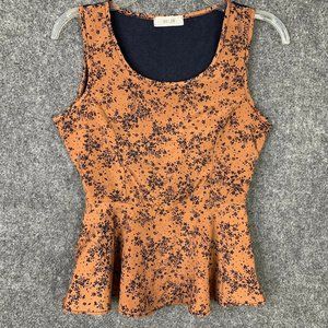 1018 Silky Sleeveless Top Women Small Sheer Back Peplum Rust Black Floral